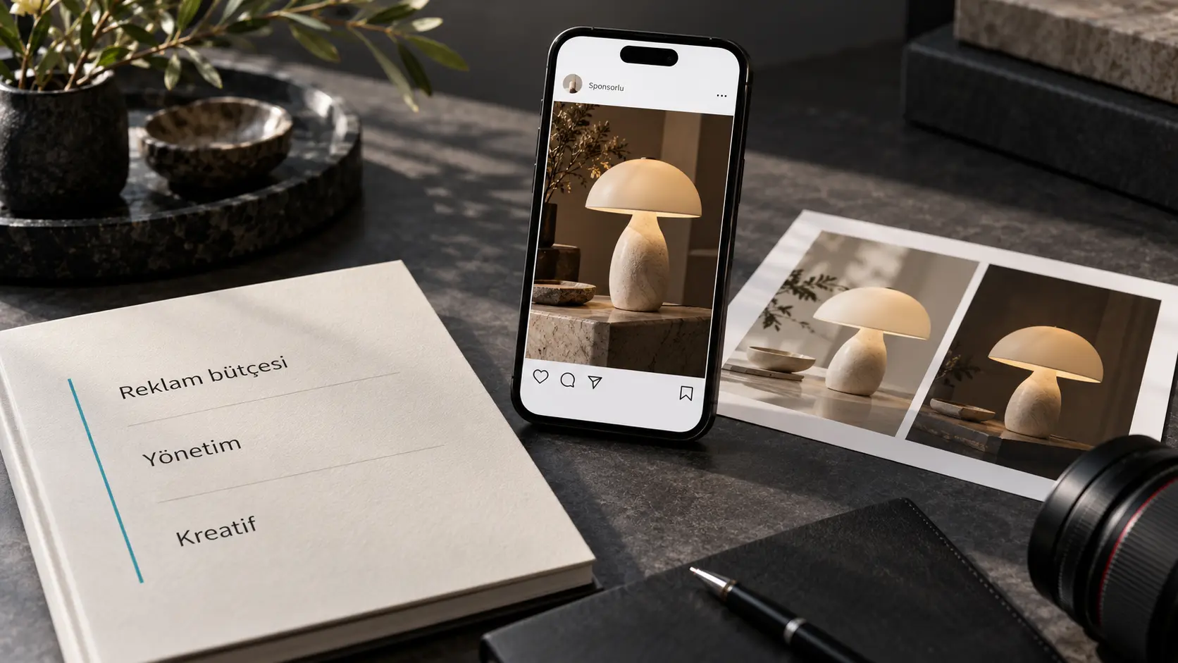 Telefondaki sosyal medya reklamı yanında kreatif örnekleri ve bütçe, yönetim, kreatif kalemlerini ayıran teklif dosyası