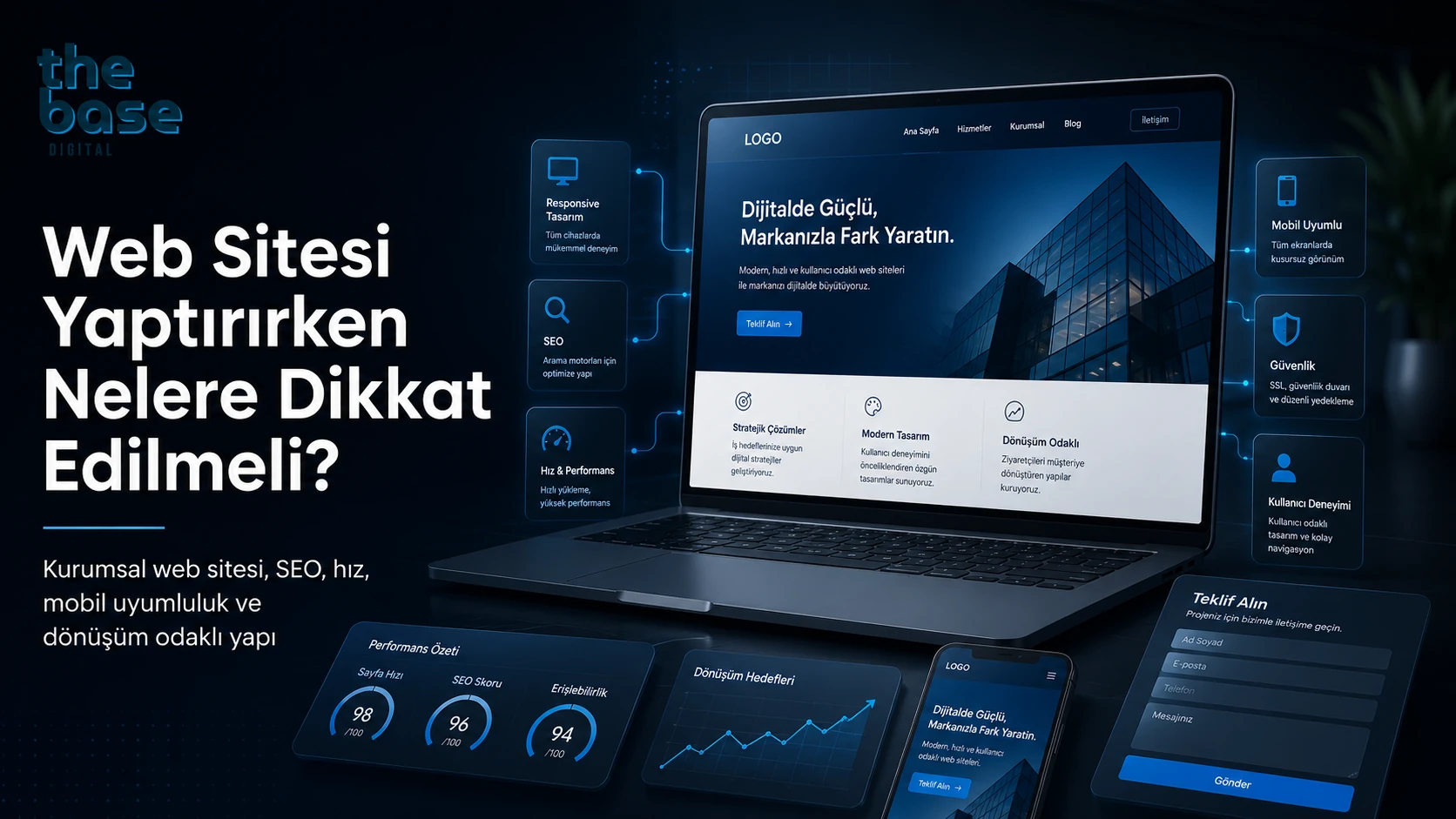 Web sitesi yaptırırken dikkat edilmesi gereken SEO, hız, mobil uyum ve dönüşüm odaklı yapı görseli